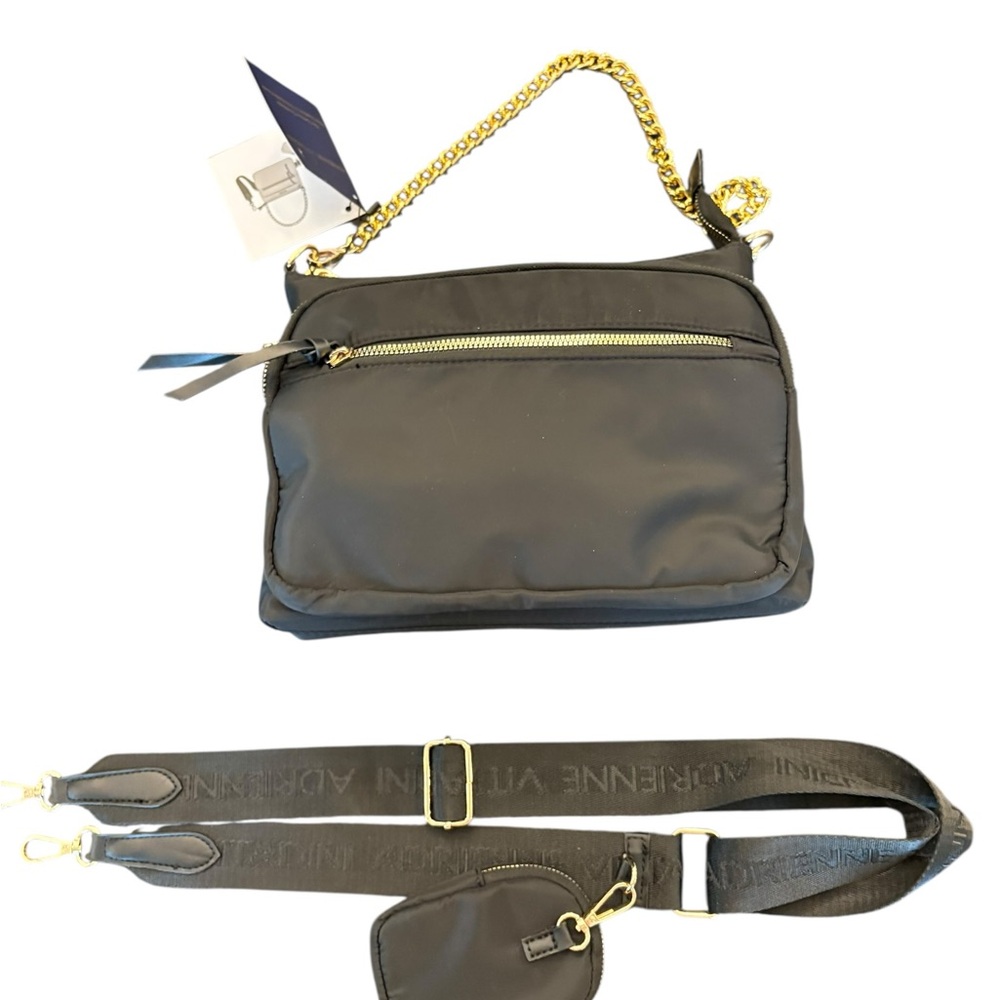 Adrienne Vittadini Chelsea Black Crossbody Bag Gold Chain Handle Detachable NEW